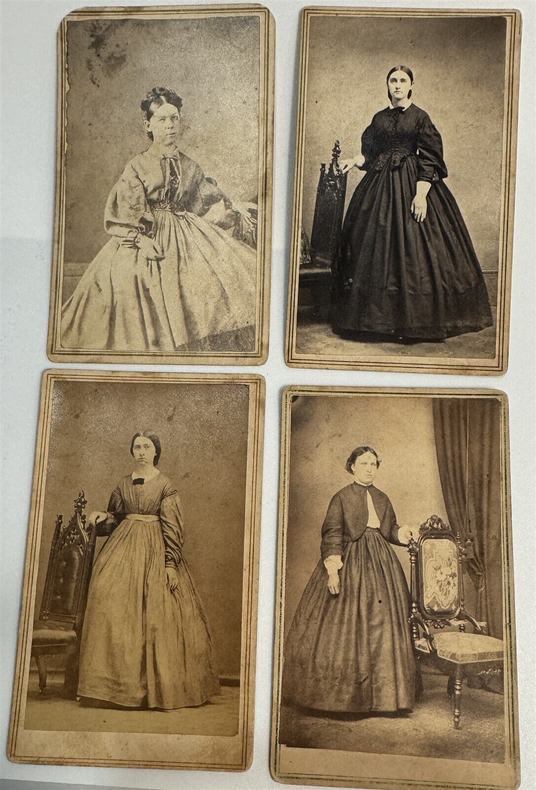 Four (4) Antique Watkins NY CDV Photos Of Women In Period Dresses, ID's & 2 Tax