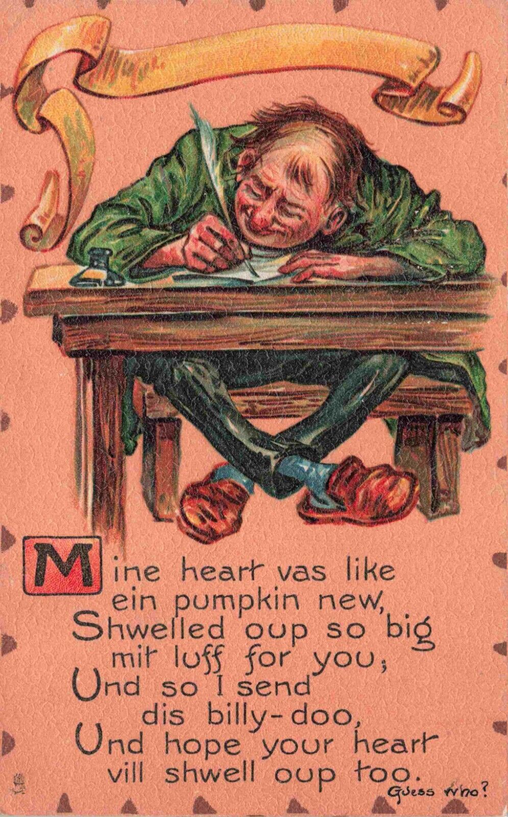 Tucks Leatherette Valentine Series Man with Swollen Heart Writes Letter Postcard