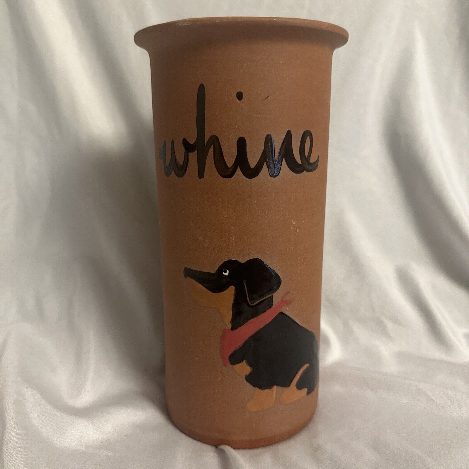 Zeppa Studios-“Whine” Dog Hand Painted Terra Cotta Wine Chiller vase Black Dog