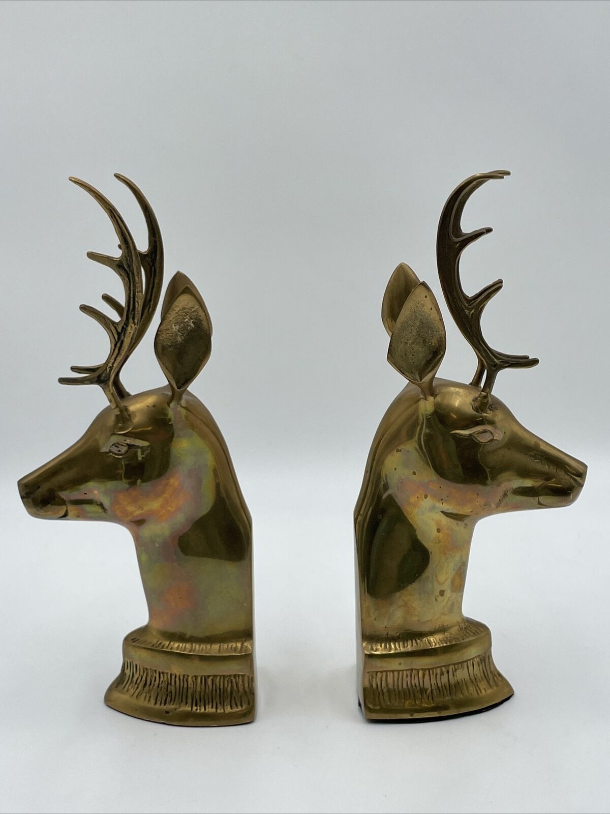 2 Vintage Solid Brass Deer Head Bookend Handcrafted In Korea Antlers Bucks Gold