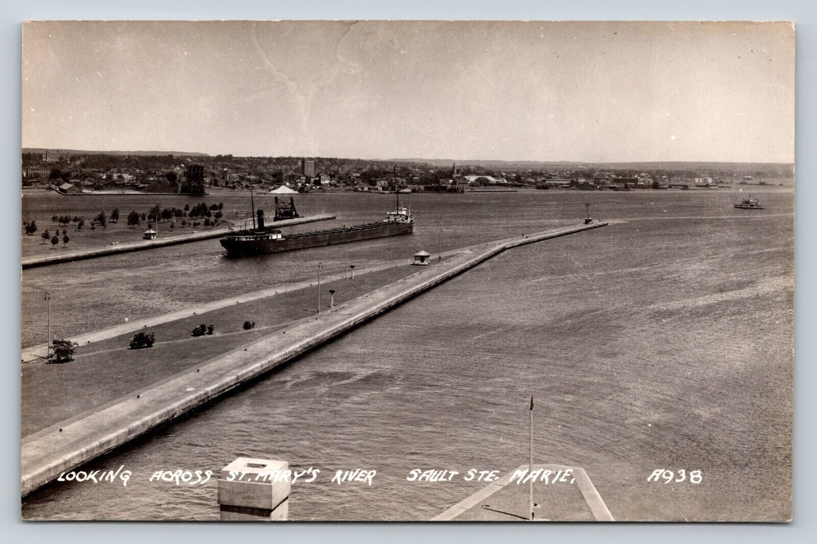 c1940s RPPC St. Mary\'s River SAULT STE. MARIE Ship & Boats VINTAGE Postcard EKC