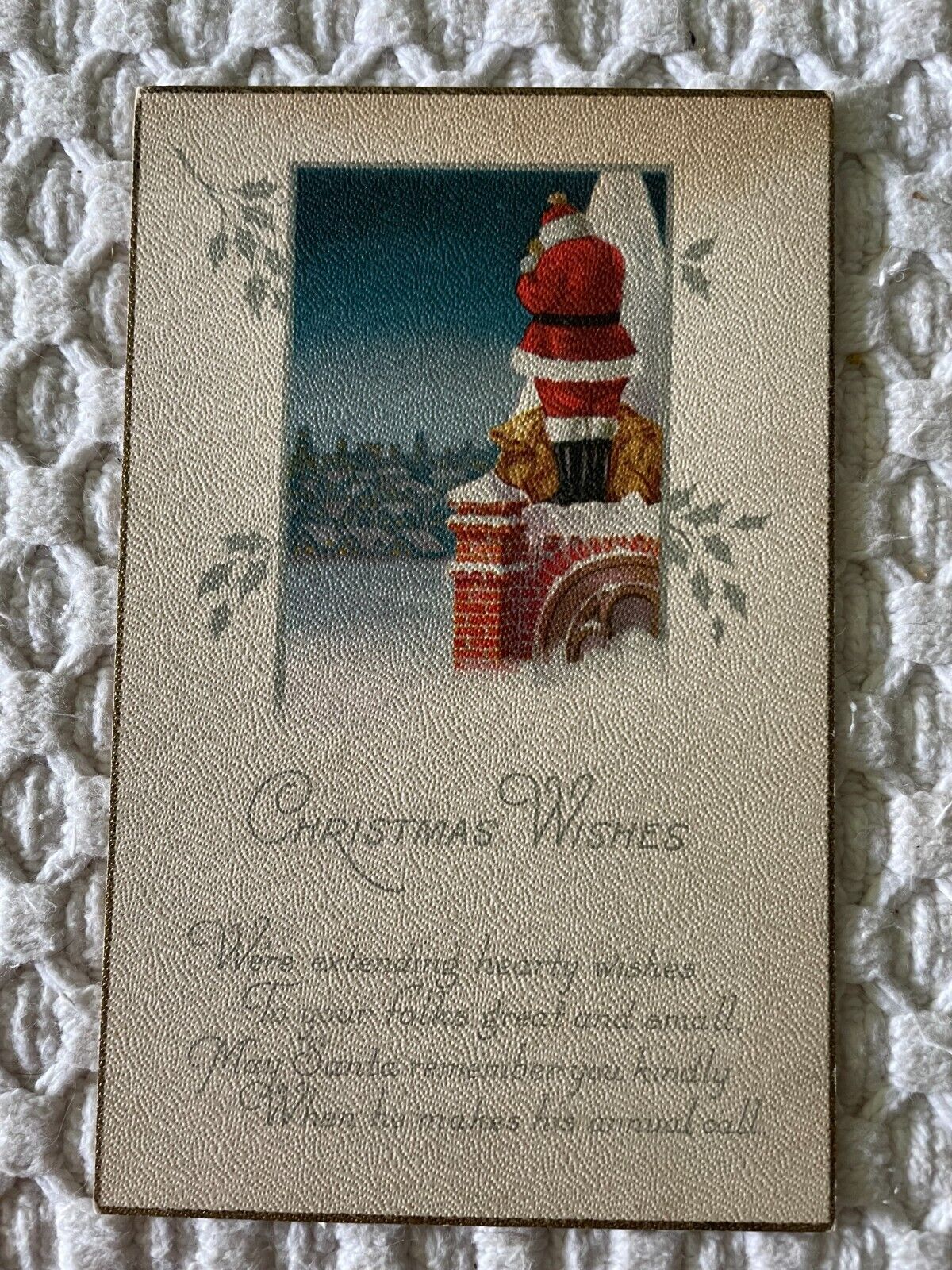 Christmas Wishes Santa Claus Standing on Chimney Postcard Red Suit