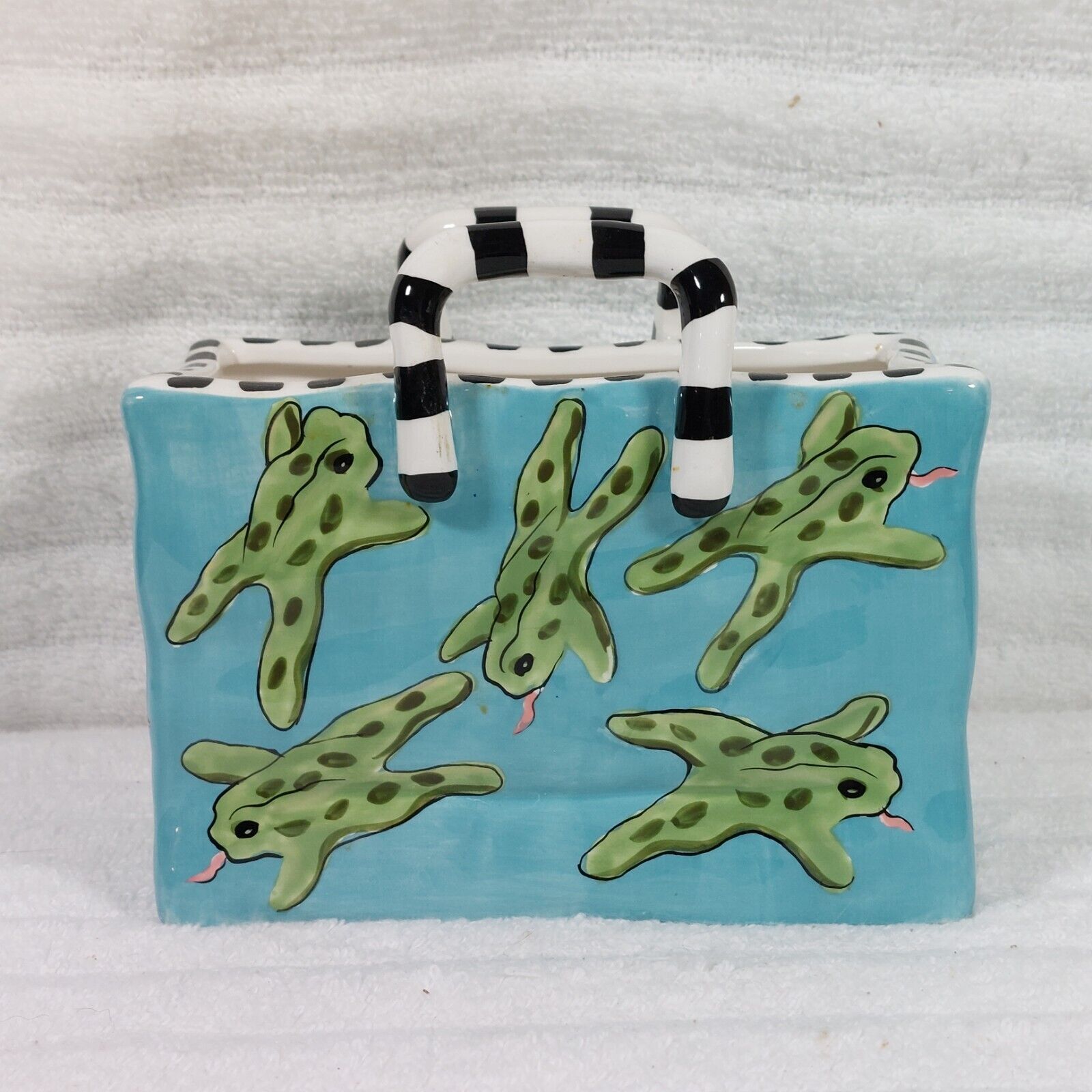 Patricia Dupont Ceramic Frogs Purse Vtg 1999 Handpainted Hand Bag Vase 6\