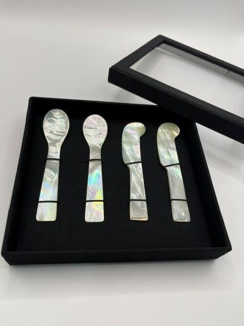 Genuine Mother of Pearl Shells Spoons and Knife Size 4 \'\' x 4 Pcs with Silk Box