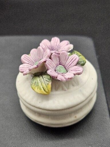 Vintage Porcelain Bisque Purple Flowers Trinket Box 1.5\
