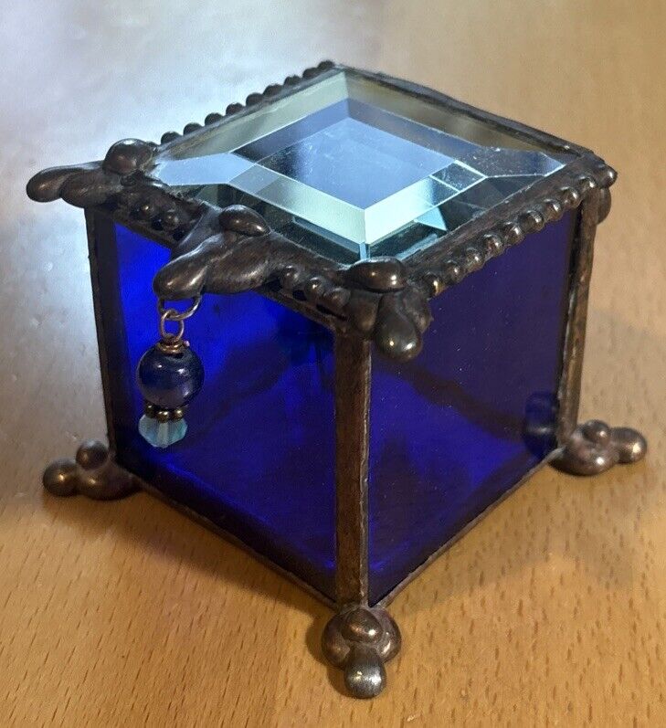 Vtg Cobalt Blue Glass Jewelry Small Trinket Case Keepsake Display Box