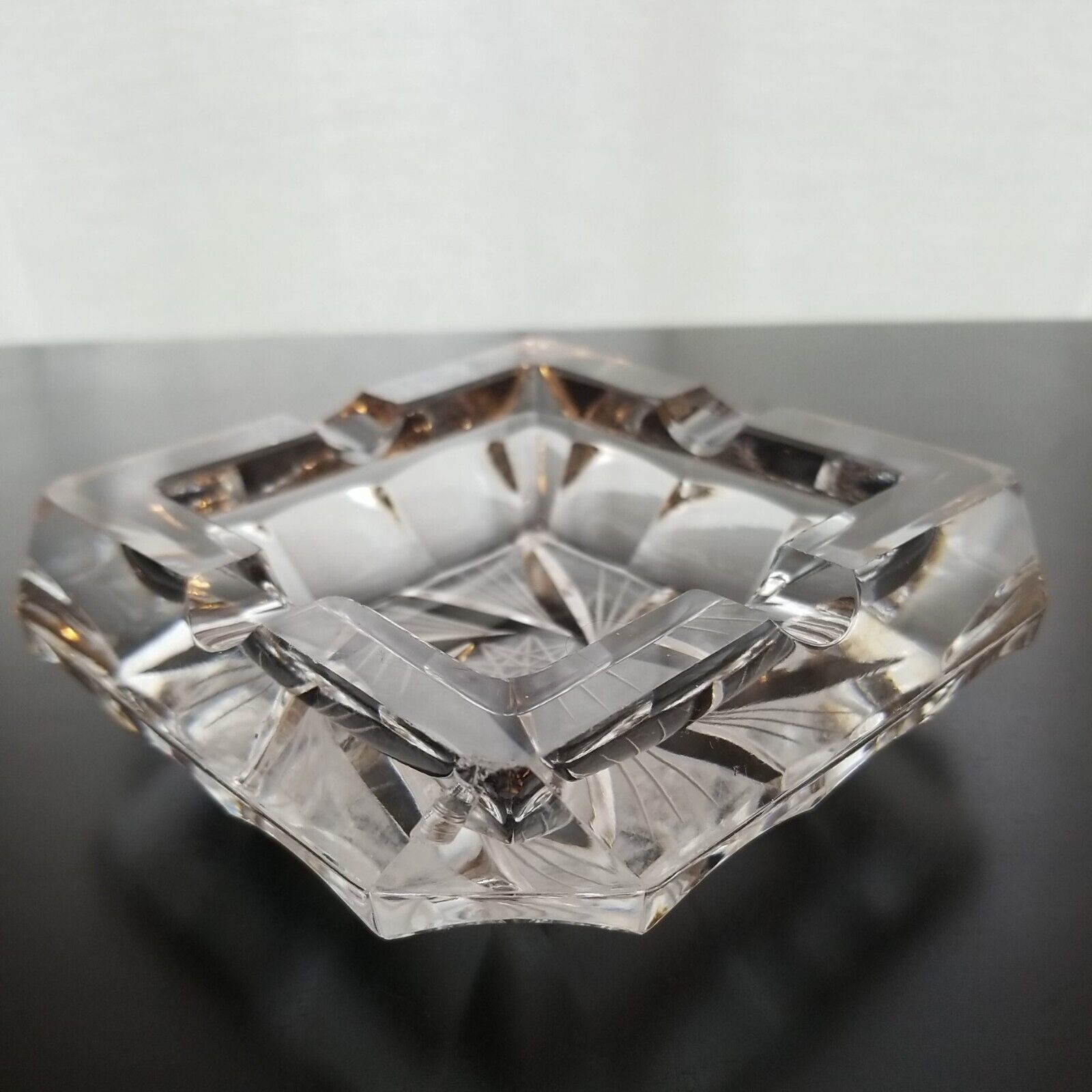 Beveled Glass Ashtray Etched Design MCM 5” x 5\