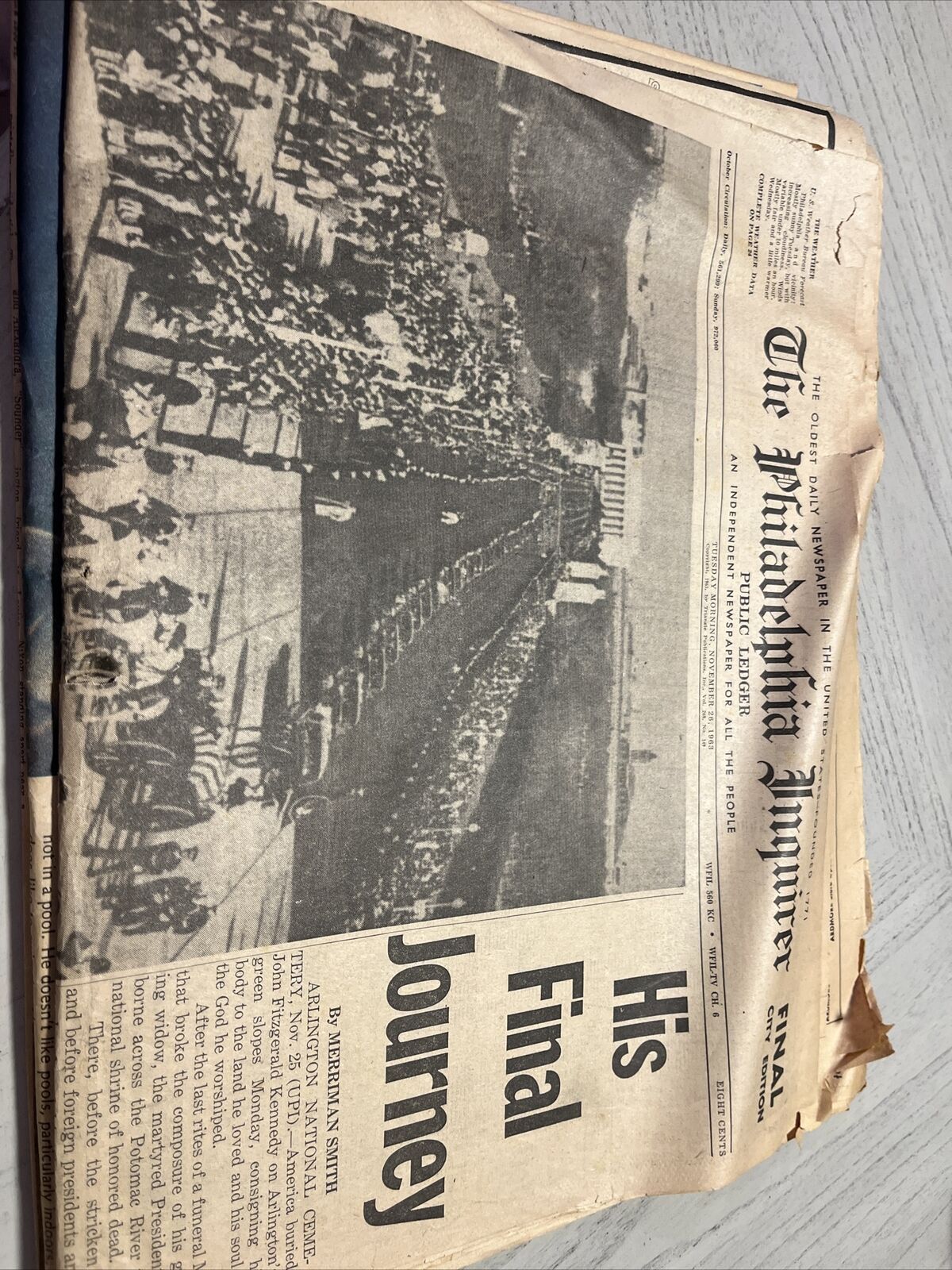 1963 NOV 26 PHILADELPHIA INQUIRER NEWSPAPER - JFK, HIS FINAL JOURNEY - NP 3139
