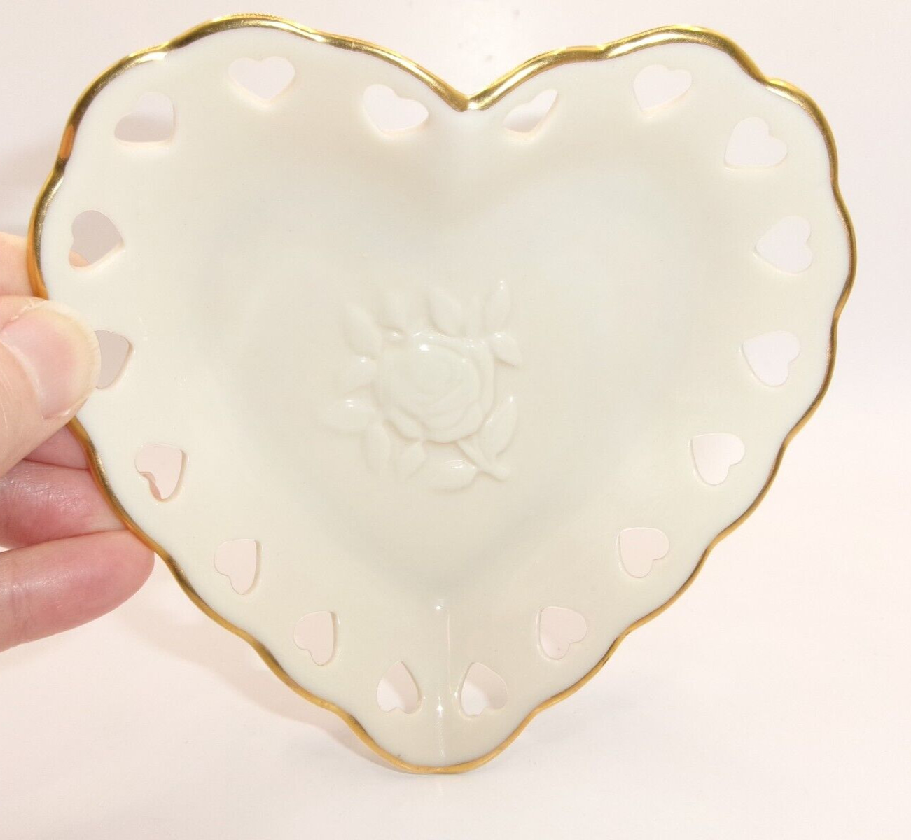 Vintage Lenox Heart Shaped Trinket Dish China Rosebud Collection Reticulated USA