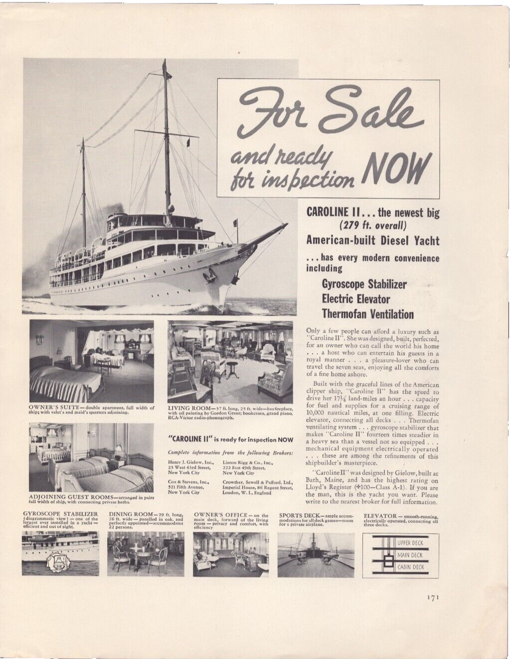 1938 Print Ad  Caroline II The newest big American-built Diesel Yaucht For Sale