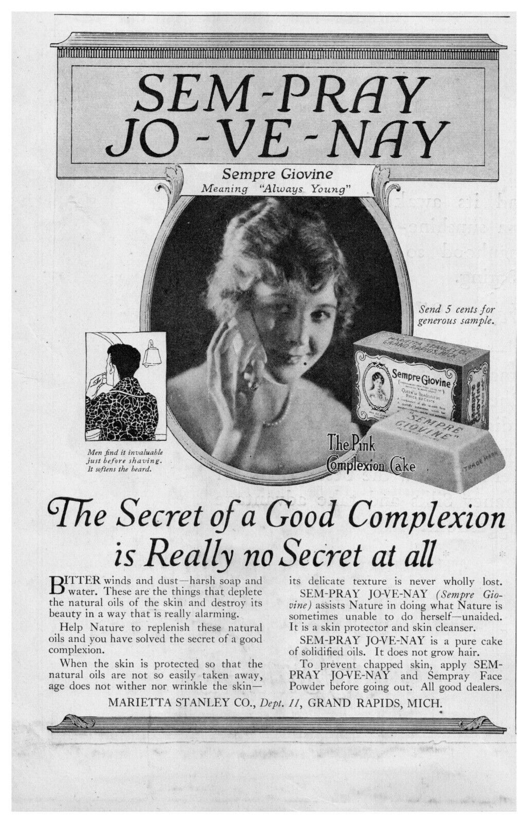 1918 Sempre Giovine Soap Antique Print Ad WW1 The Secret Of A Good Complexion 