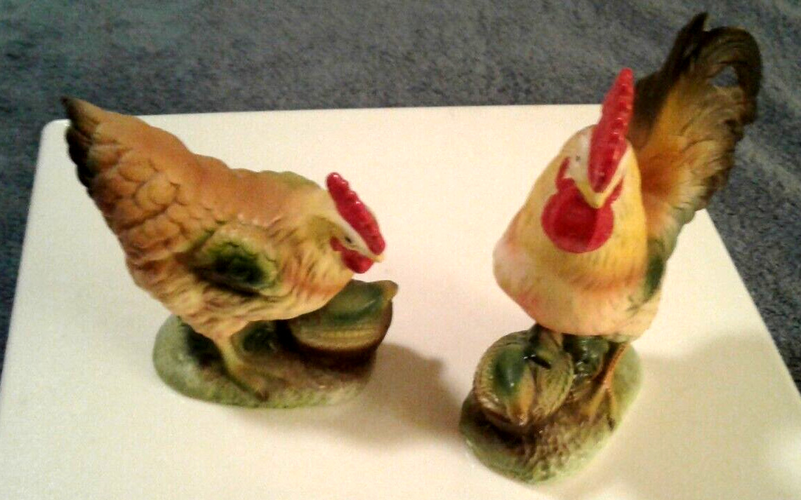 Two Vintage Rooster & Chicken Figurines  Ceramic Trimont Made in Japan