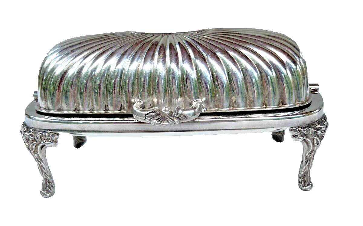 Sheffield England Roll Top Footed Butter Dish w/ Glass Liner Silverplate Vintage