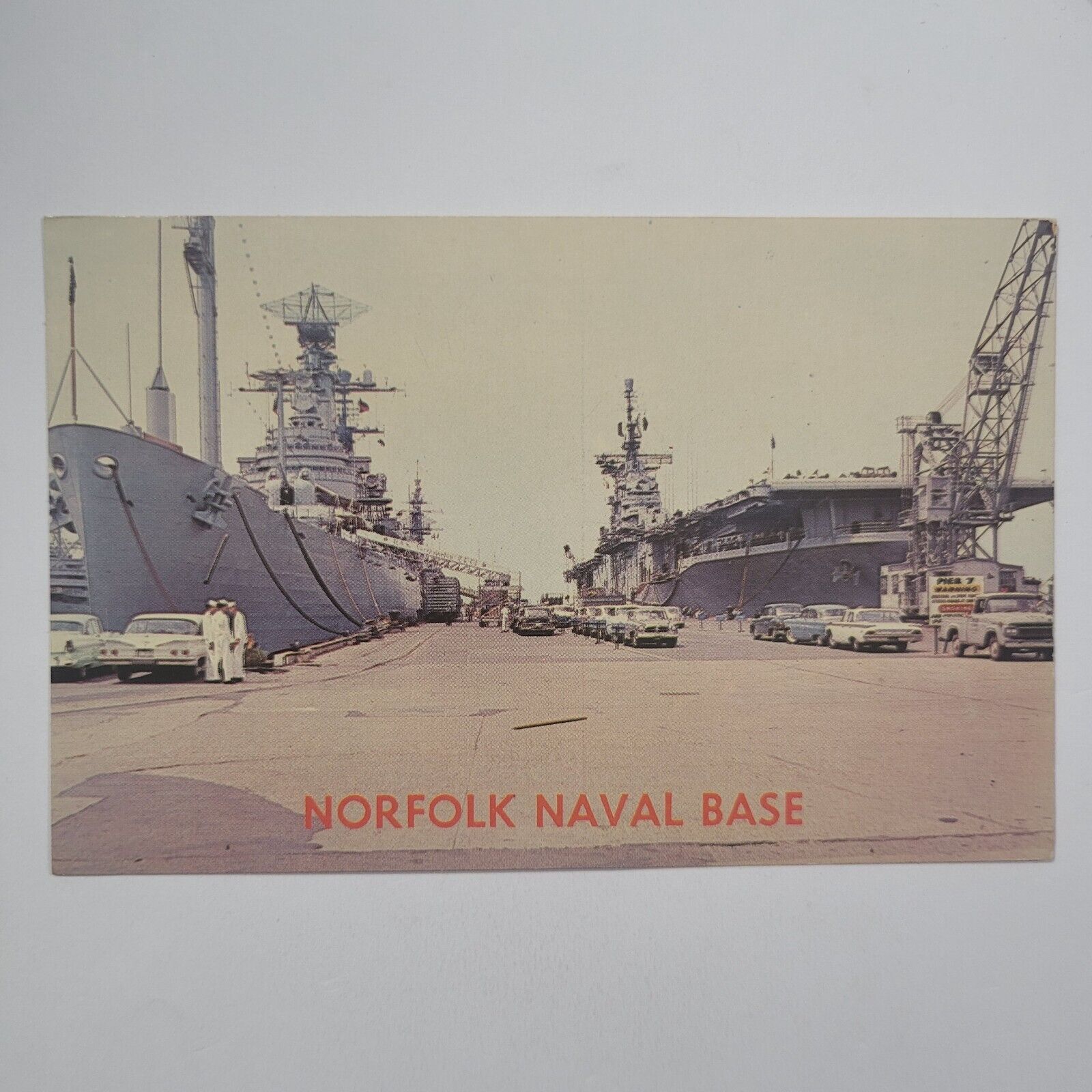 Naval Base Norfolk Virginia Vintage Chrome Postcard Ships Sailors Cars Pier 7