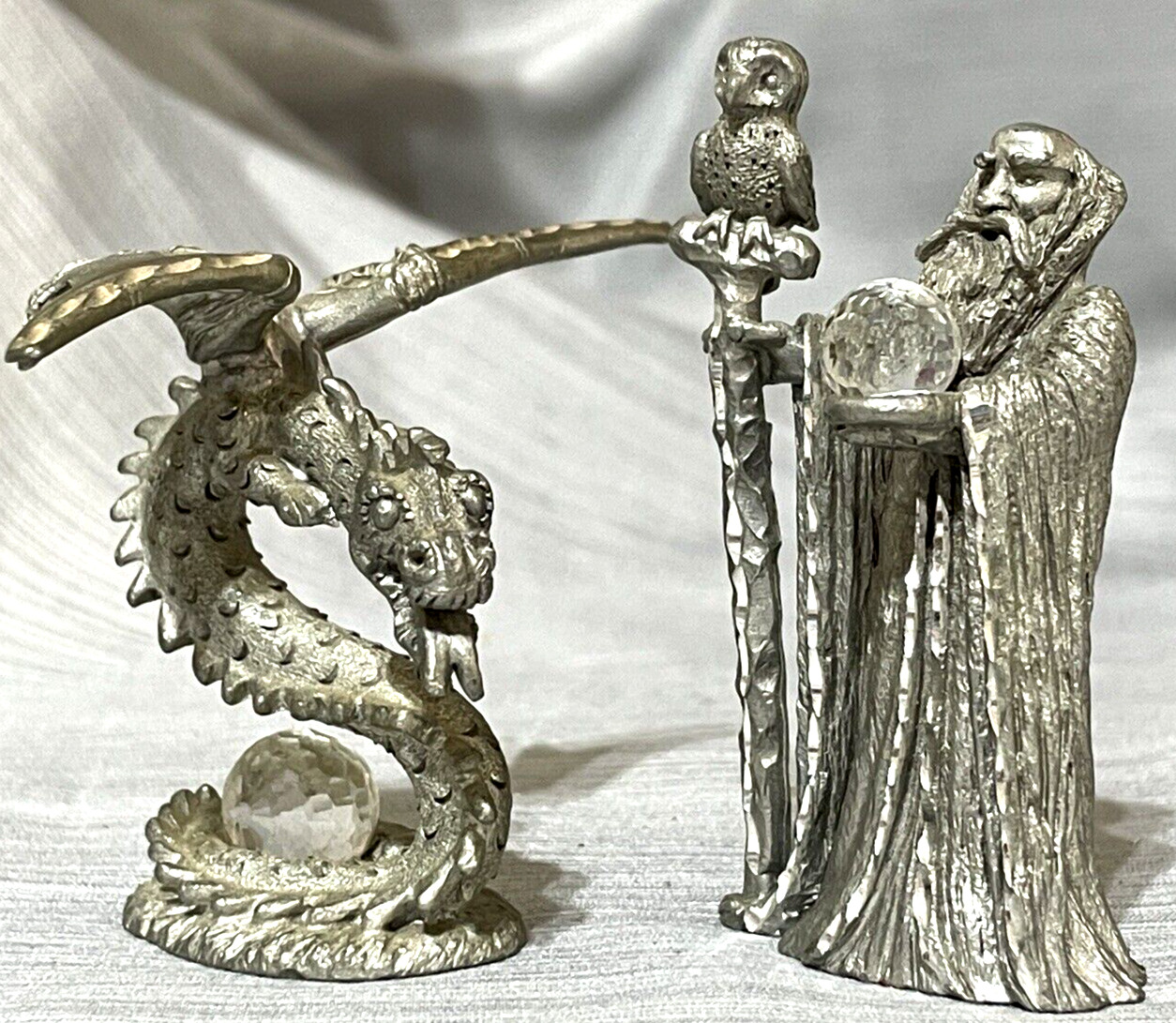 Spoontiques Pewter Dragon CMR867 & Wizard & Owl HMR1502 both with crystal Ball