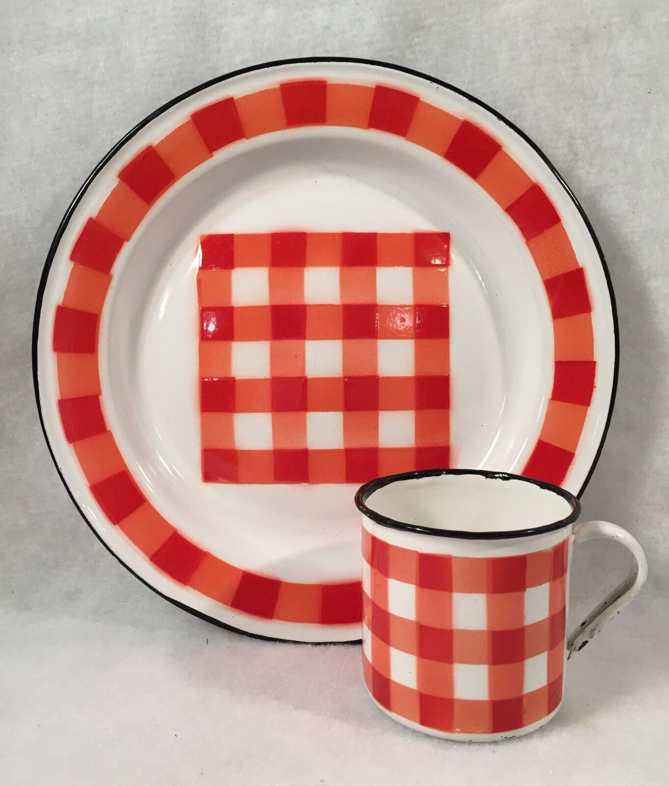 Antique French Enamelware Dinner Plate & Cup Set Circa 1800\'s