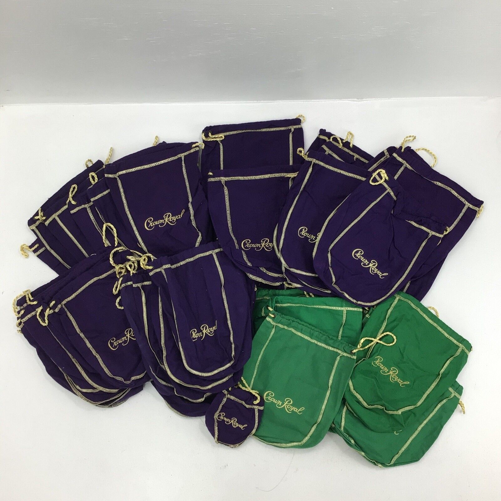 Lot of 52 Various Size Purple & Green Crown Royal Bags