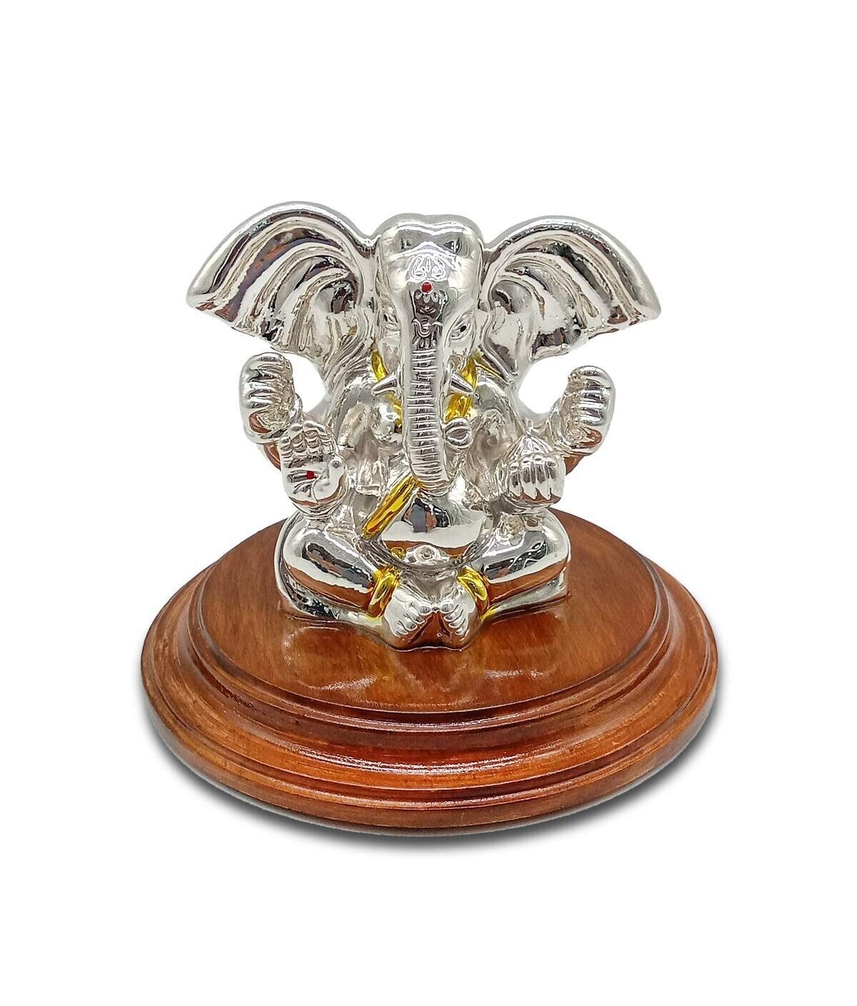 Indian Traditional 999 Pure Silver Ganpati Bappa with Round Wooden For Puja 60gm