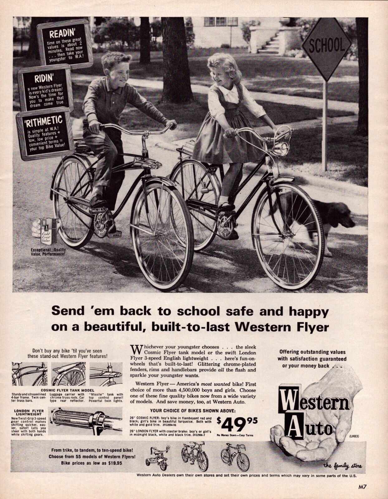 Western Auto Children Riding Bicycles Dog School Flyer Vintage Print Ad 1963
