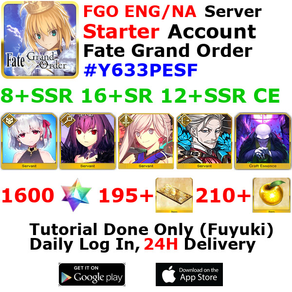 [ENG/NA][INST] FGO / Fate Grand Order Starter Account 8+SSR 190+Tix 1640+SQ #Y63