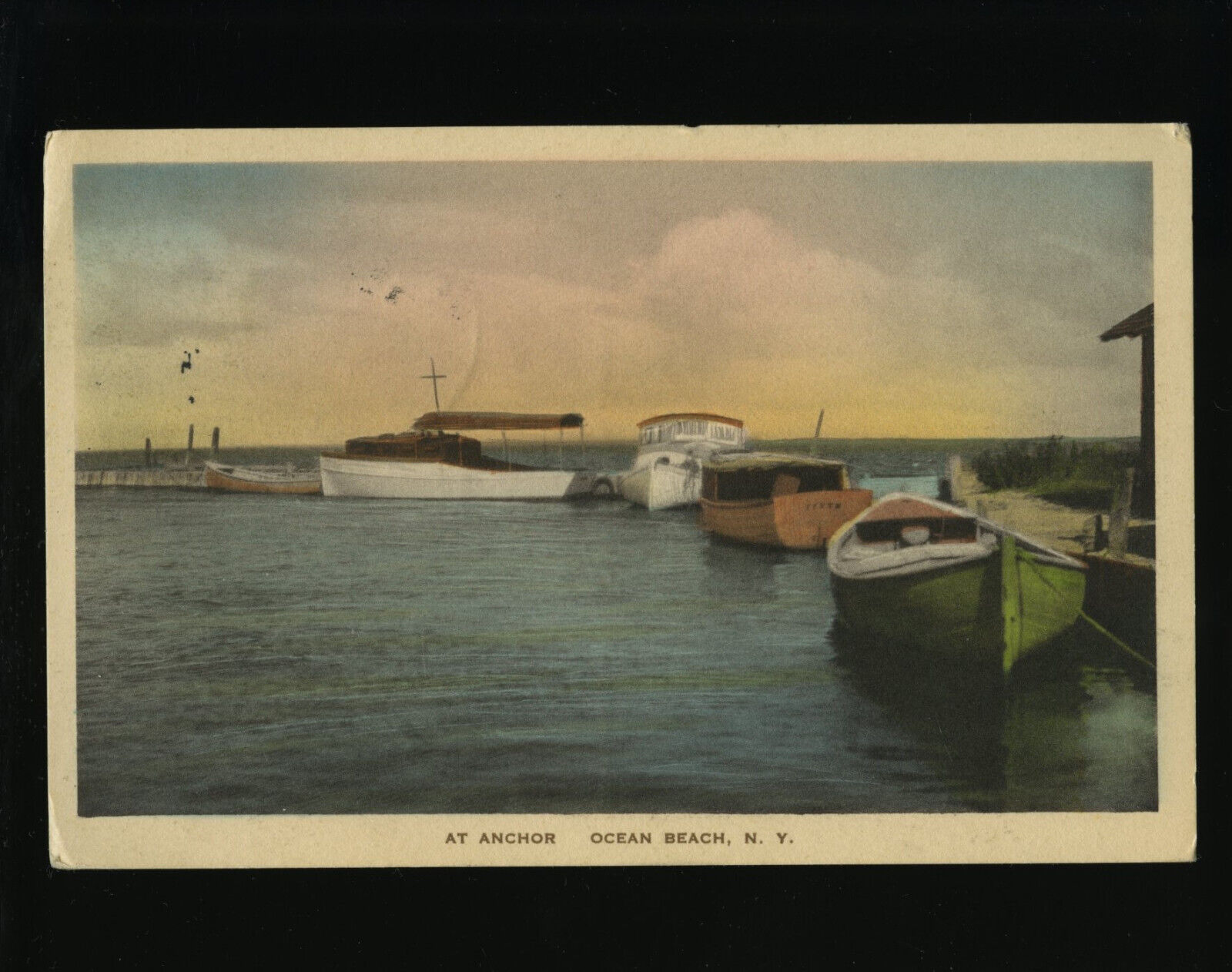 New York Hand Colored Postcard Ocean Beach Fire Island Boats at Anchor Vintage