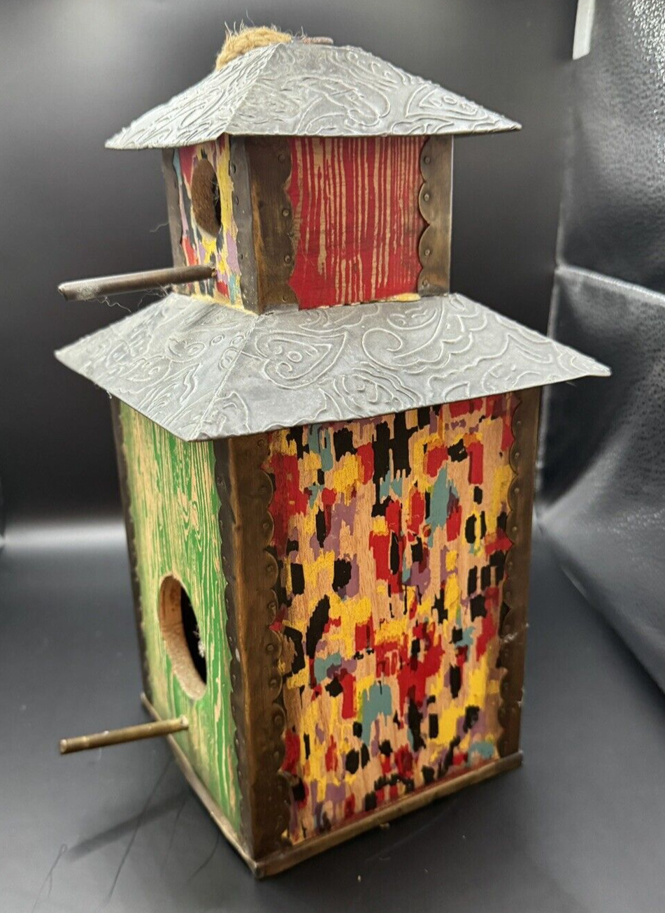 ANTHROPOLOGIE  Colorful Painted Wood and Tin Two Tier Large Birdhouse