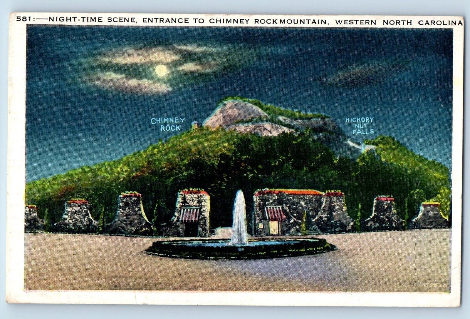 Western North Carolina NC Postcard Night Time Scene Chimney Rock Mountain 1936