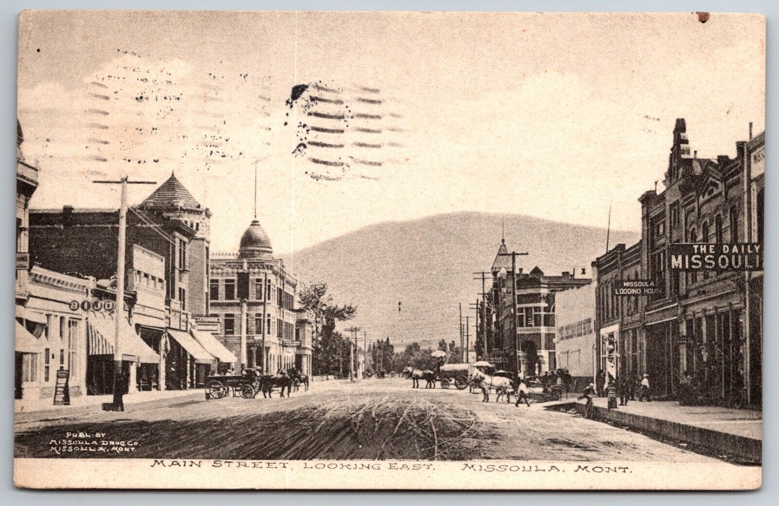 Main Street Looking East Missoula Montana 1911 Street View Horse Buggy Postcard