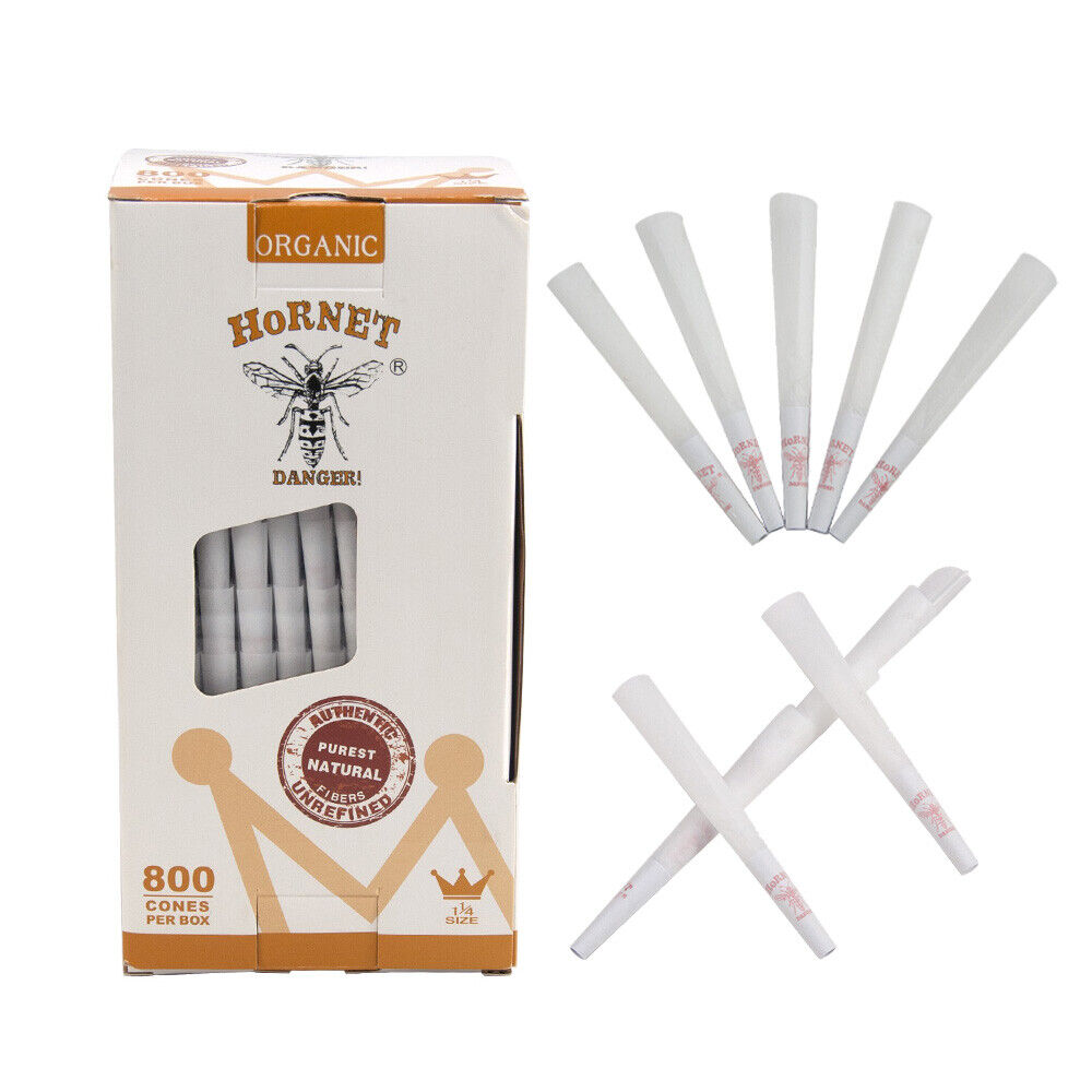 800x HORNET 1 1/4 Pre-Rolled Rolling Cones Natural Pre-Filtered Paper Cone White