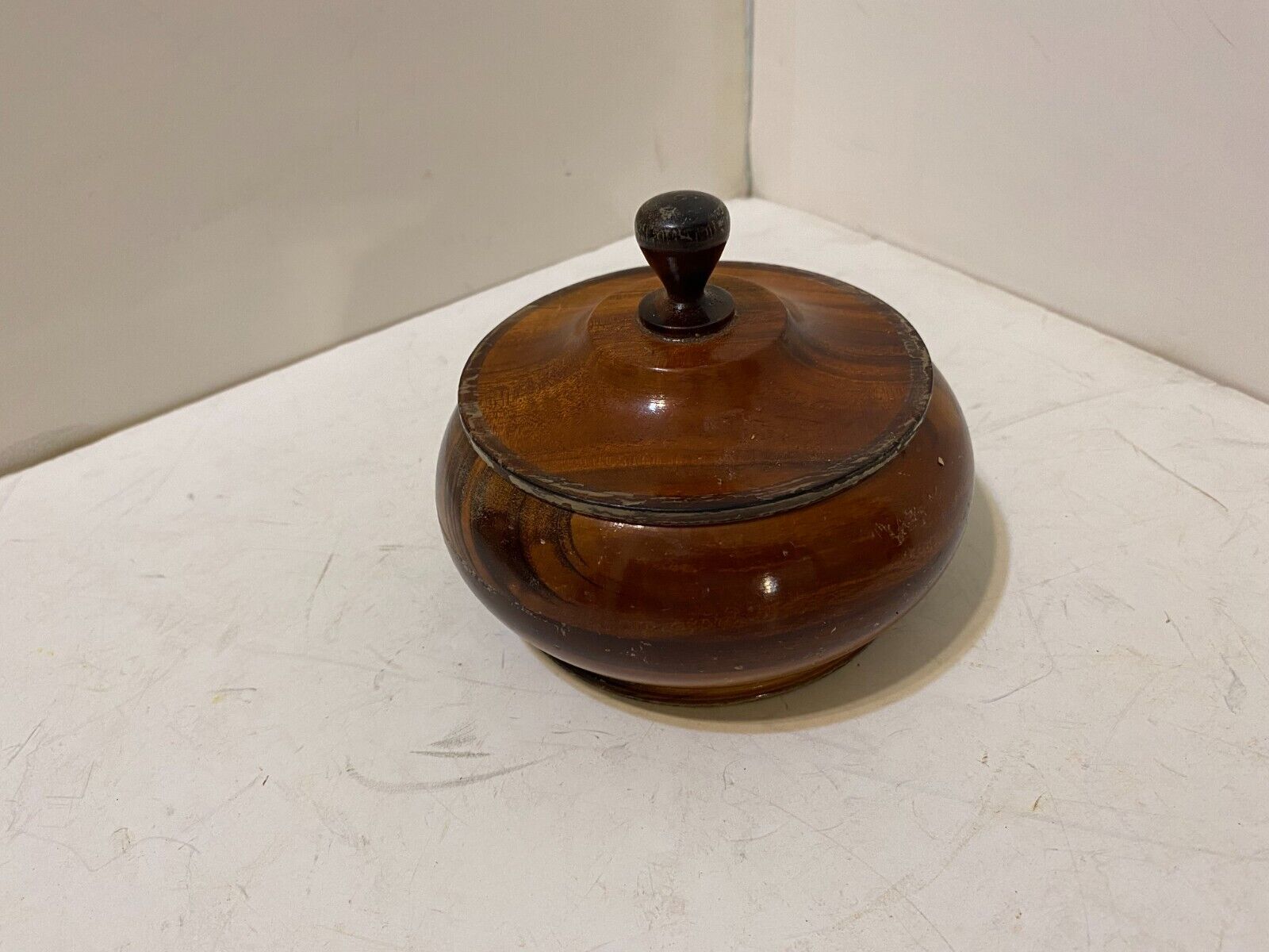 Vintage Carved 4” X 4 1/2” Wooden Trinket Bowl With Lid