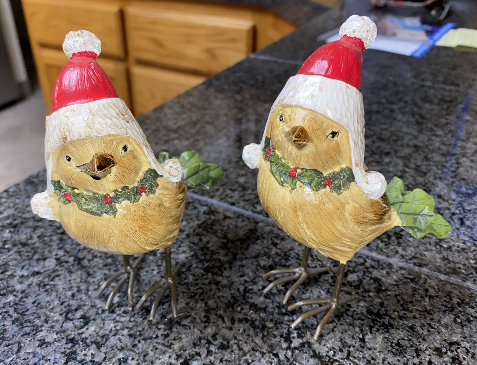 2 Christmas Birds with Santa Hats Resin Figures