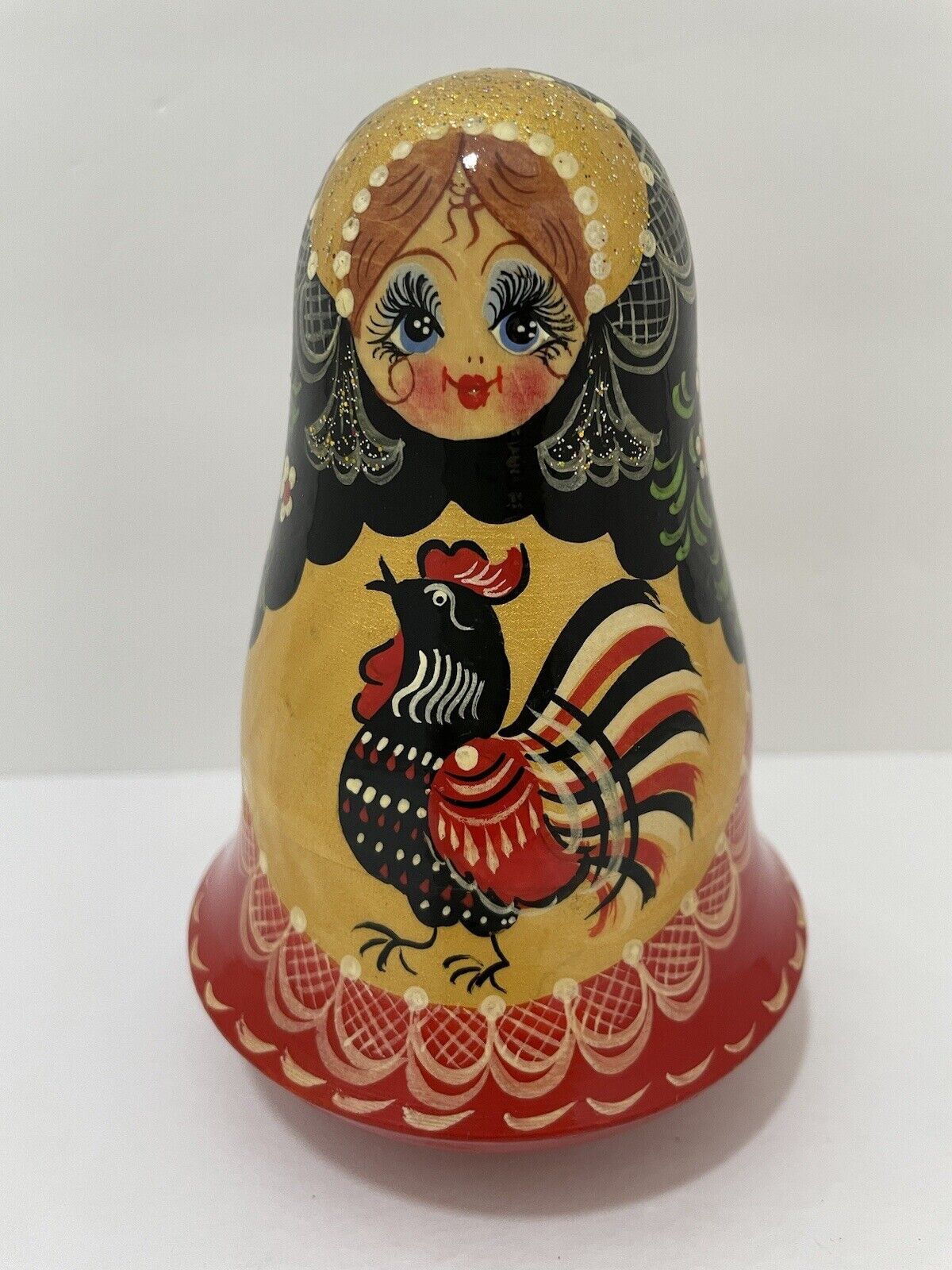 VTG Musical Russian Doll Wooden Hand Painted Roly Poly 5” Doll