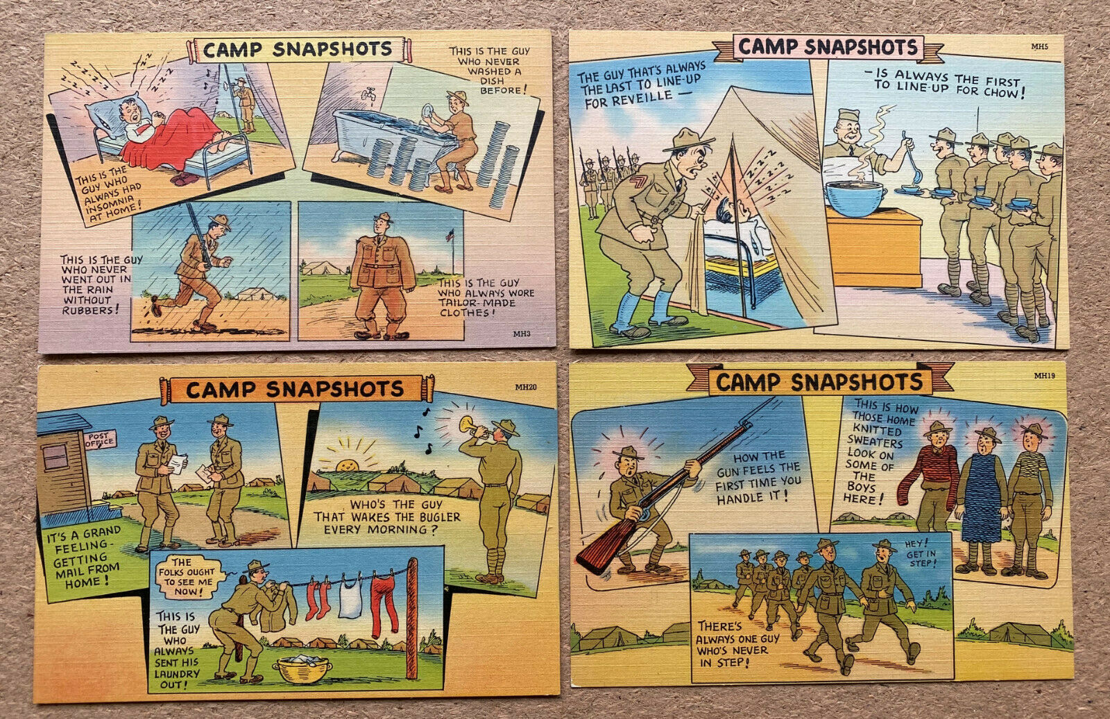 4 CAMP SNAPSHOOTS WWII MILITARY Comics - MARINES ARMY ca1942 Linen Postcards
