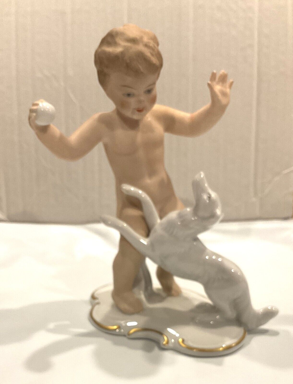 1930s  or 1940s Porcelain Figurine - Young Boy Playing with Borzoi Dog, Germany