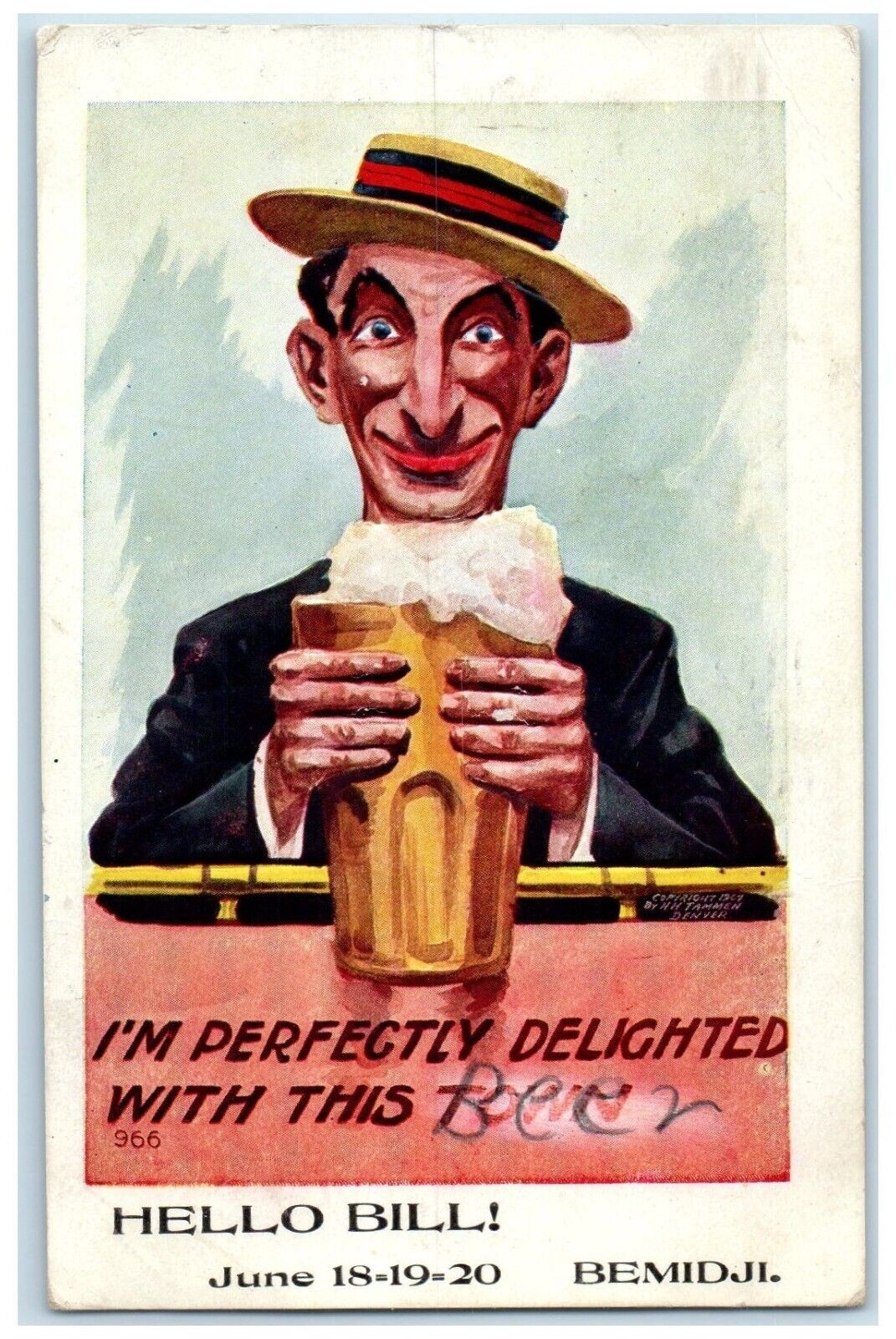 1908 Man With Beer Bemidji Minnesota MN Embossed Posted Antique Postcard