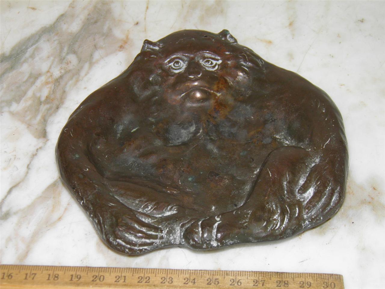Antique  Bronze Copper Figural  Monkey Trinket Tray Desk Dresser Art Sculpure
