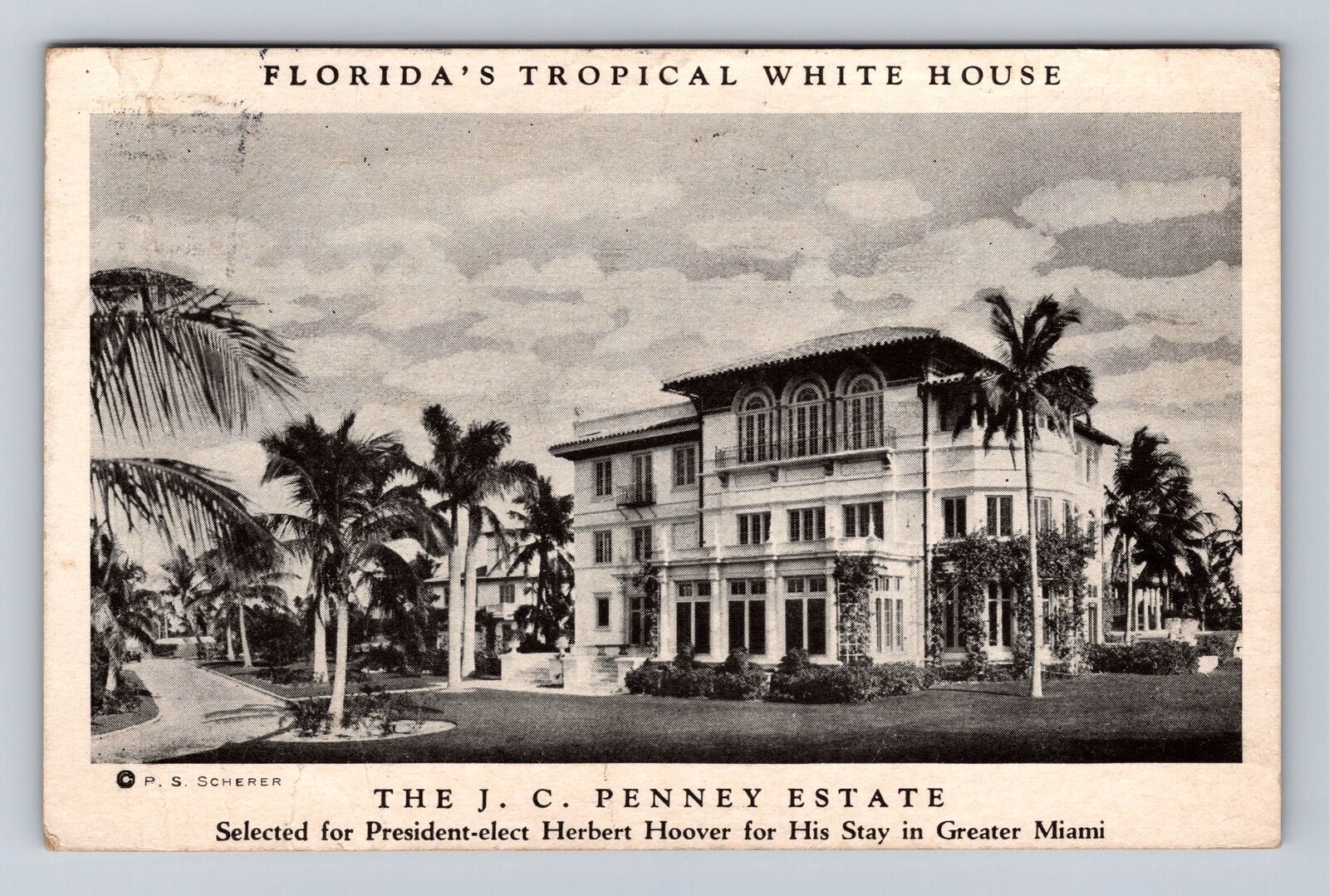 Miami FL-Florida, Tropical White House, J C Penney Estate Vintage c1929 Postcard