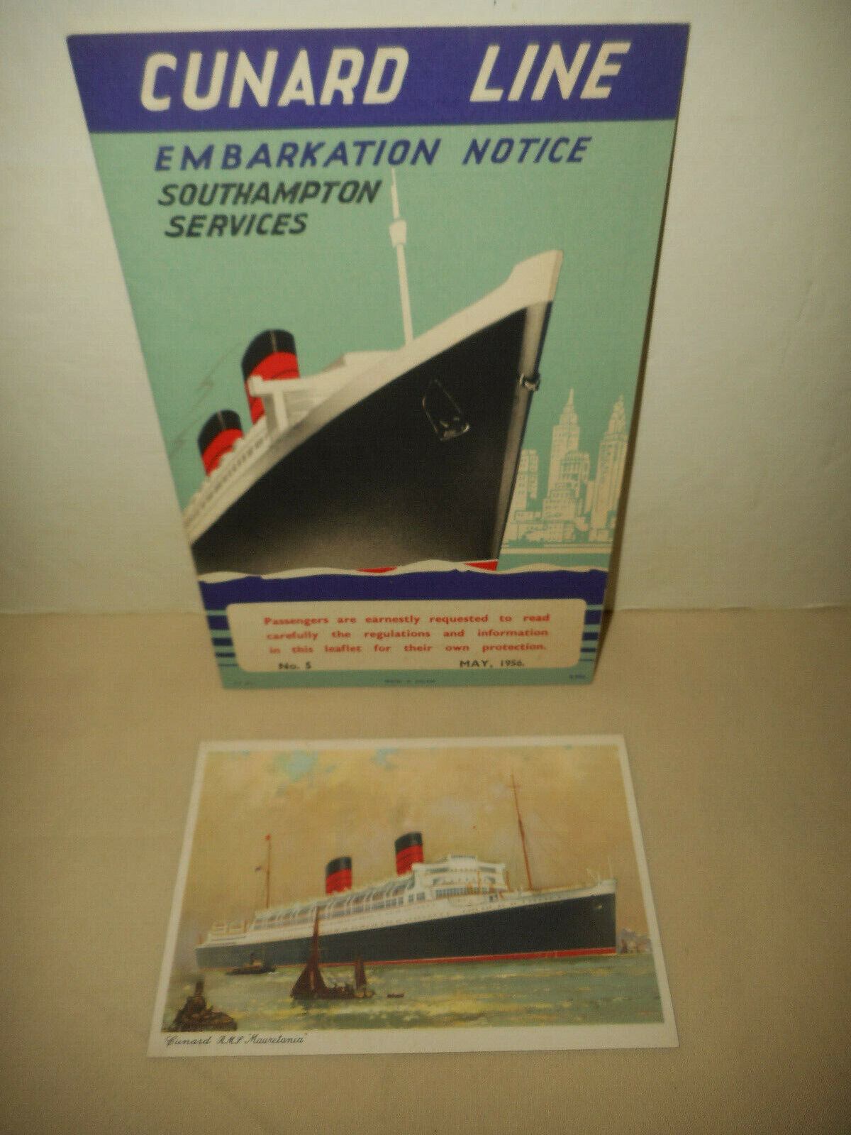 RMS MAURETANIA CUNARD LINE Southampton Service 1956 Embarkation Notice Postcard