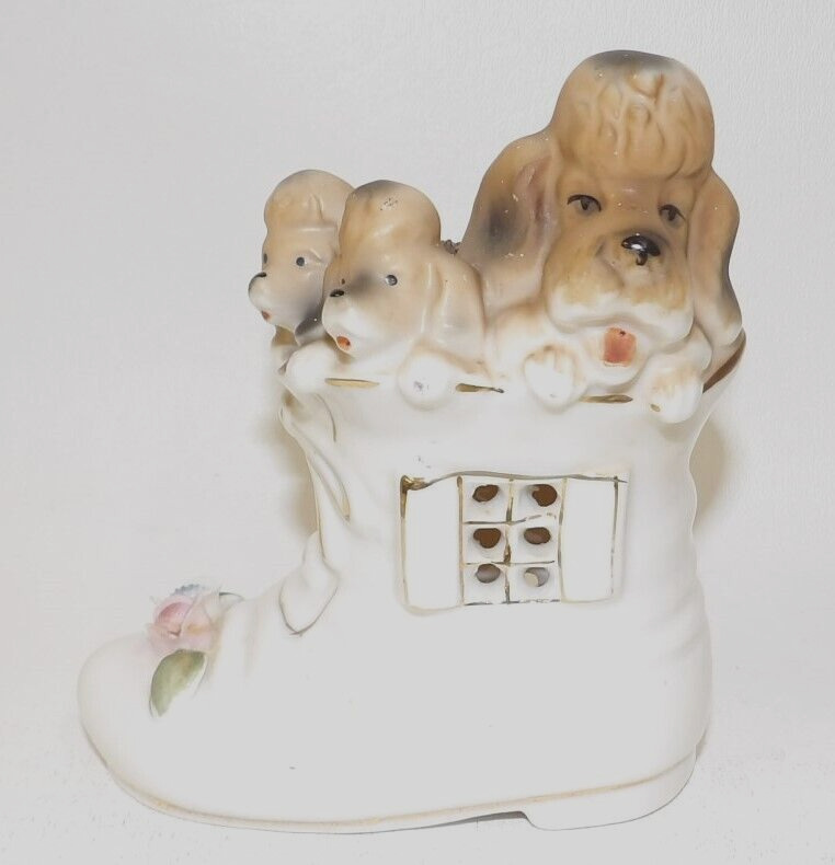 Vintage Poodle Dog & Puppies in Shoe Adorable Figurine
