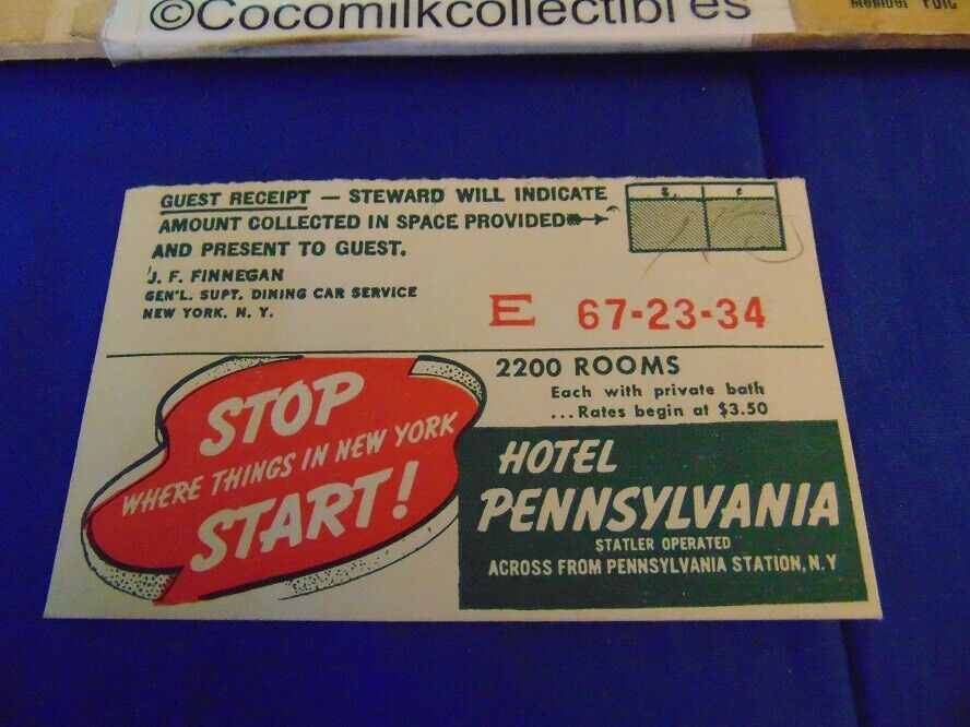 Vintage 1937 Passenger Receipt Hotel Pennsylvania New York Train Dining Service