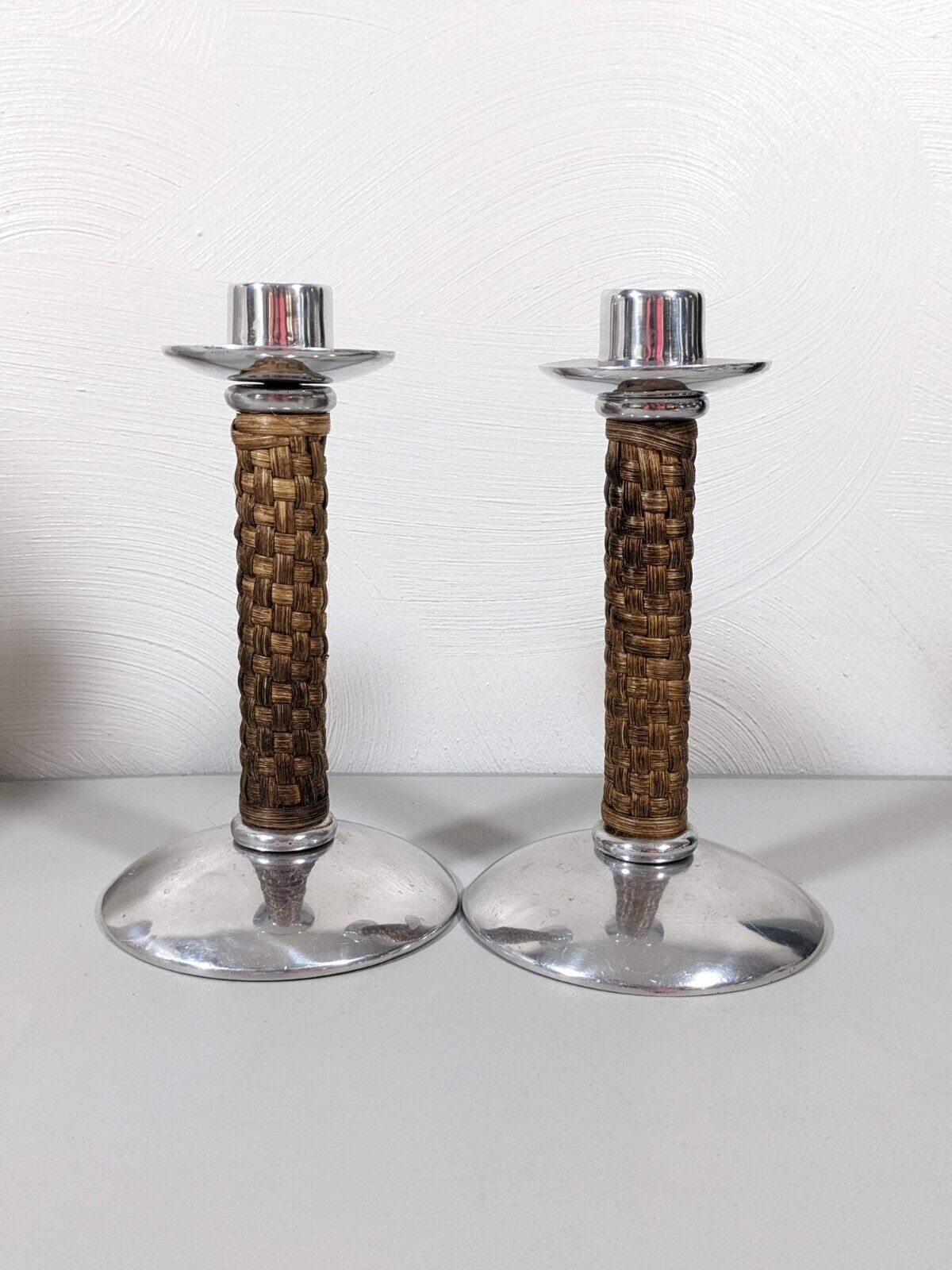 Mariposa Mexico Pair of 2 Silver Brown Basket Weave Candlesticks Cottage Core 7\