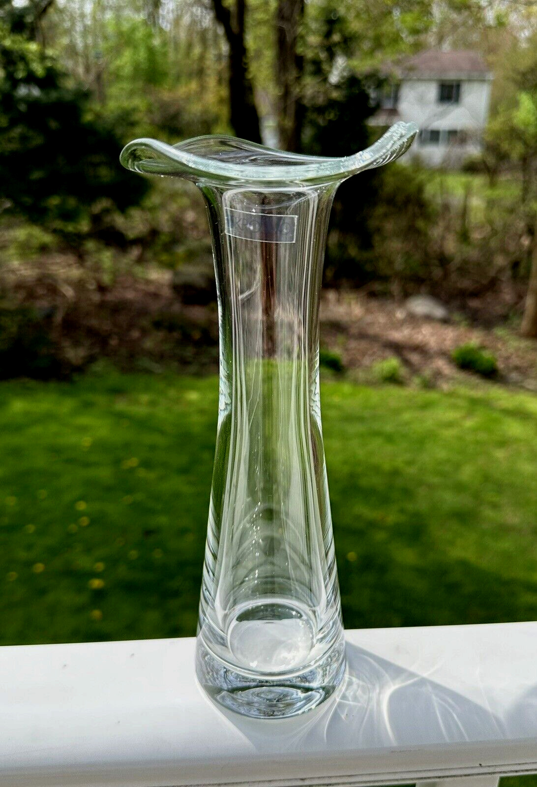 Exquisite Pair Of  Krosno Poland Clear 9” Biomorphic MCM Art Glass Vase Wavy Top