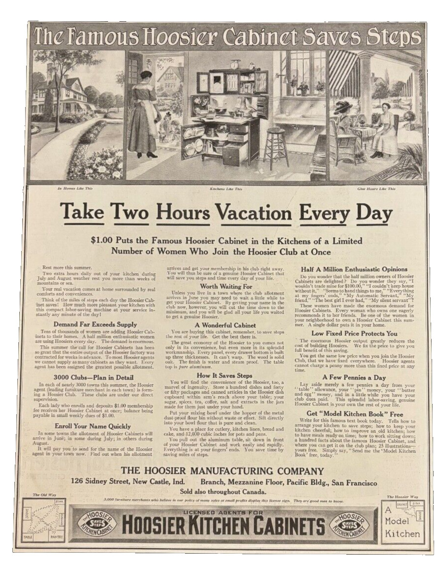 1912 Hoosier Kitchen Cabinets vintage print ad - Save Steps