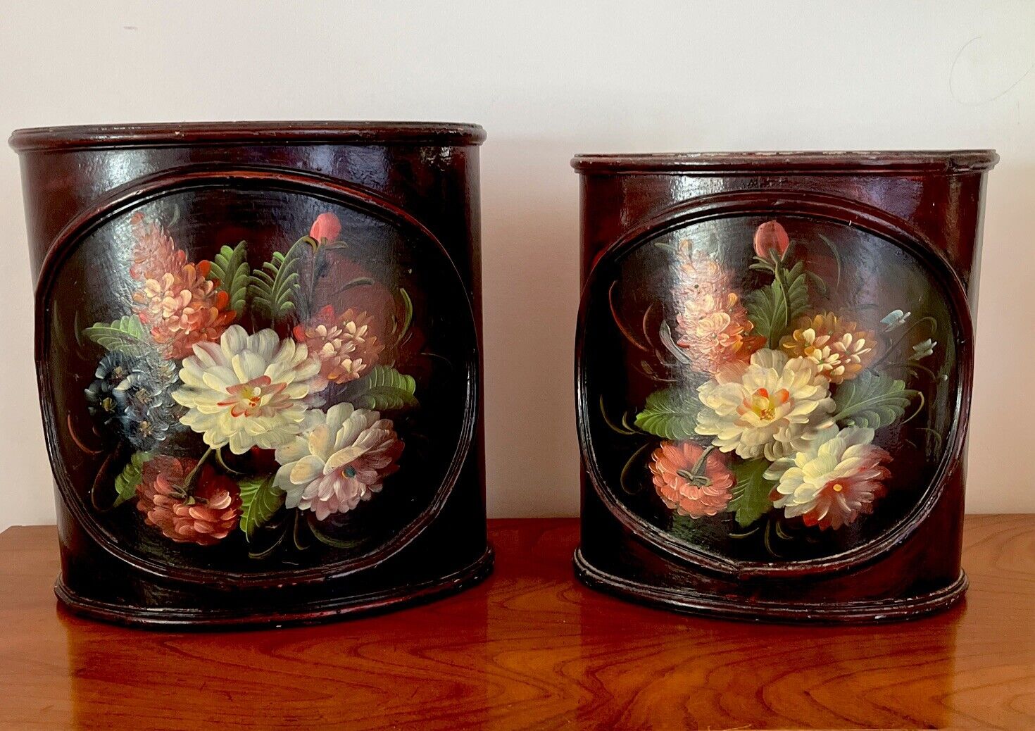 Vintage Wooden Painted Set Of 2 Floral Wastebasket