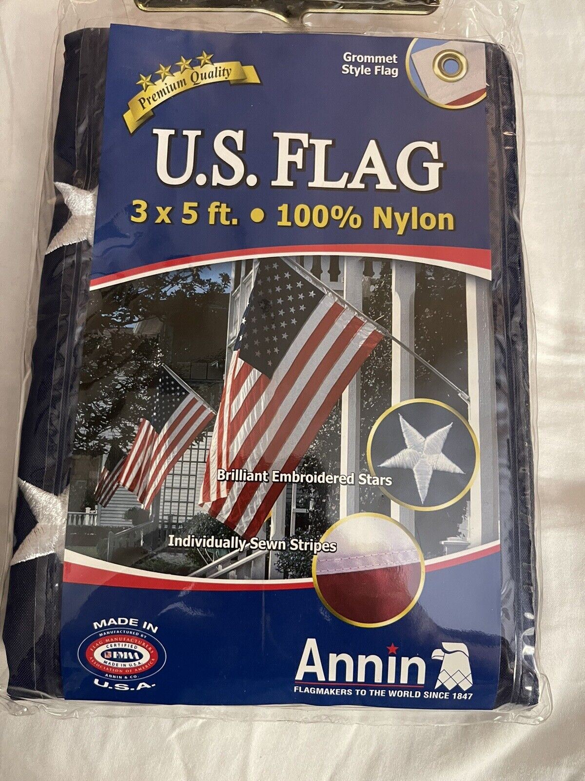 Annin USA Made American Flag 3 x 5 Nylon w/ Grommet Embroidered Stars - New