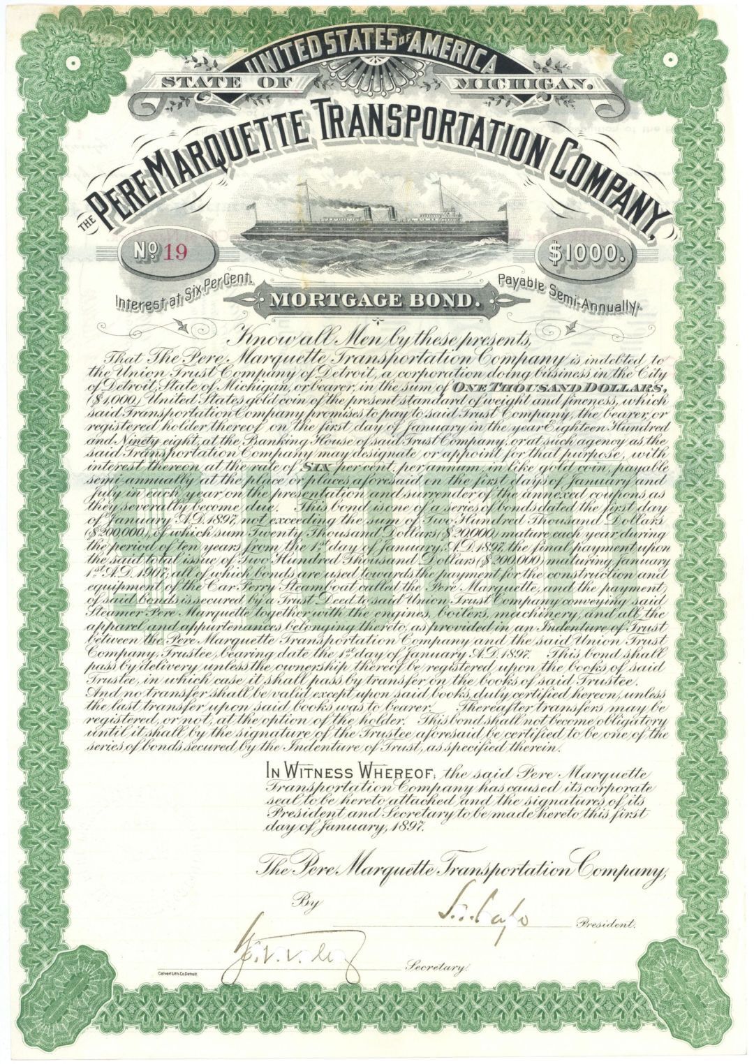 Pere Marquette Transportation Co. - 1897 dated $1,000 Shipping Bond - Always Tri