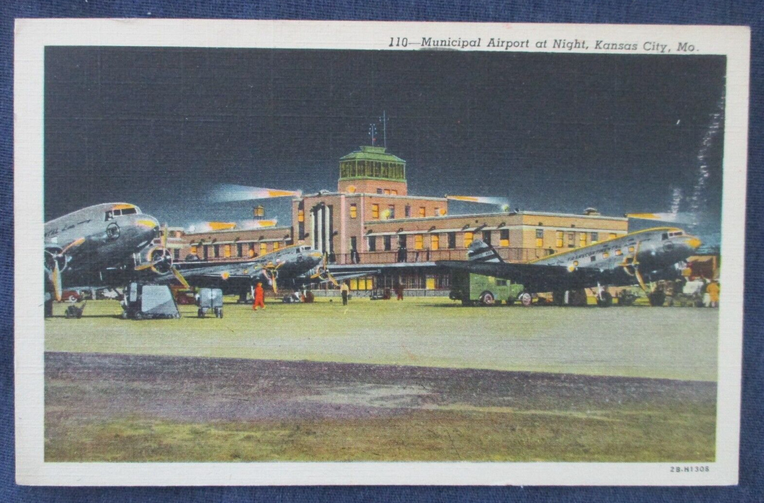 1948 Kansas City Missouri Airport & Airplanes at Night Postcard & Cancel