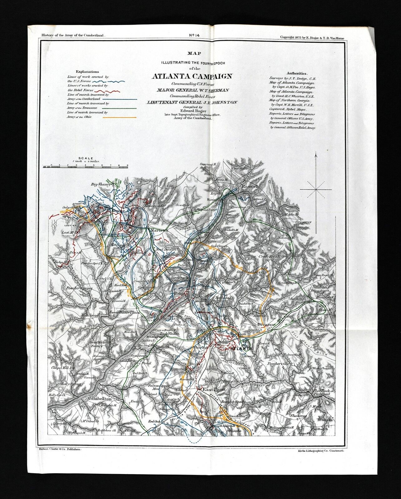 1875 Ruger Civil War Map Battle of Kennesaw Marietta Chattahoochee River Atlanta