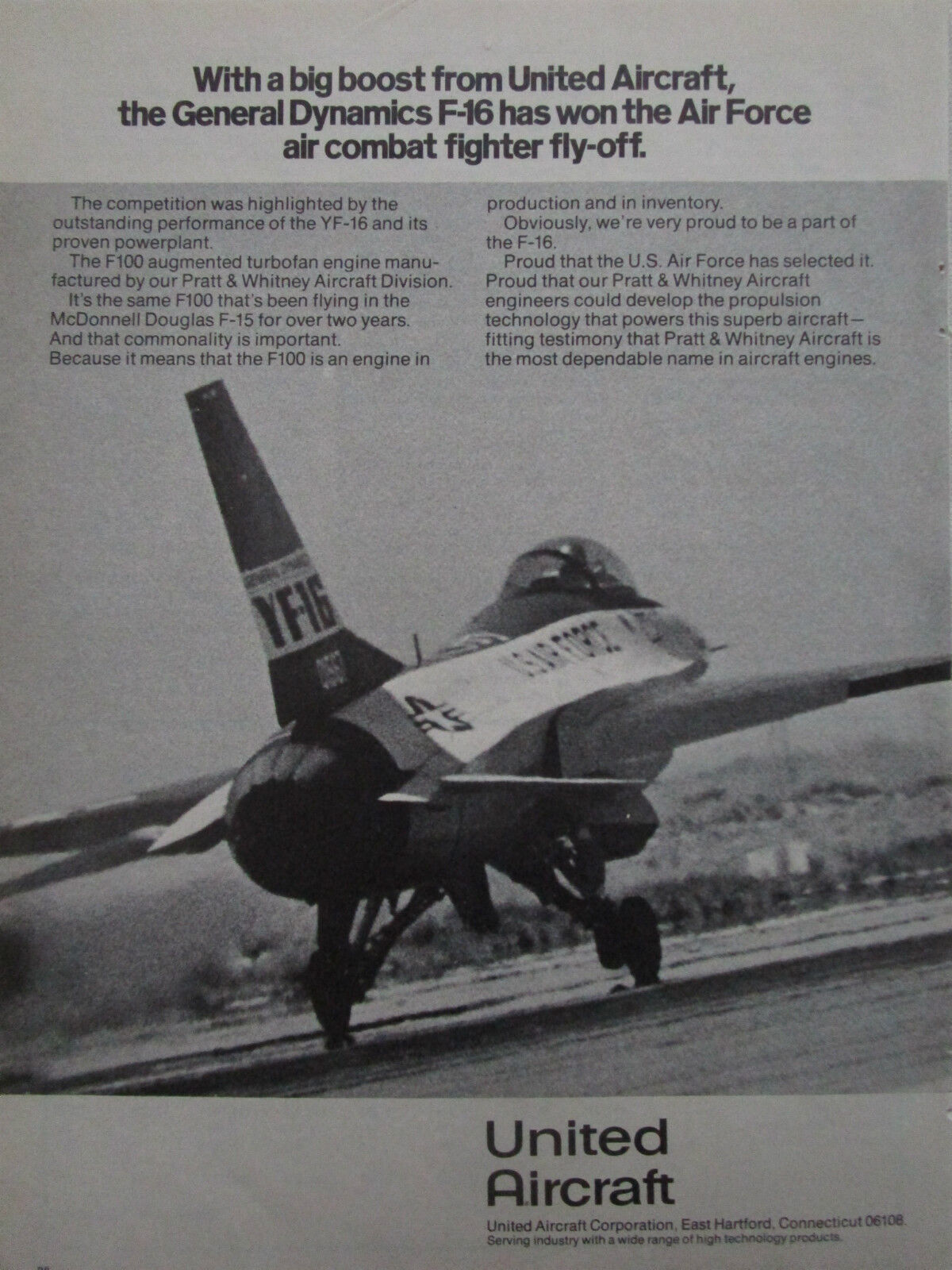 1/1975 PUB PRATT & WHITNEY F100 GENERAL DYNAMICS YF-16 US AIR FORCE ORIGINAL AD