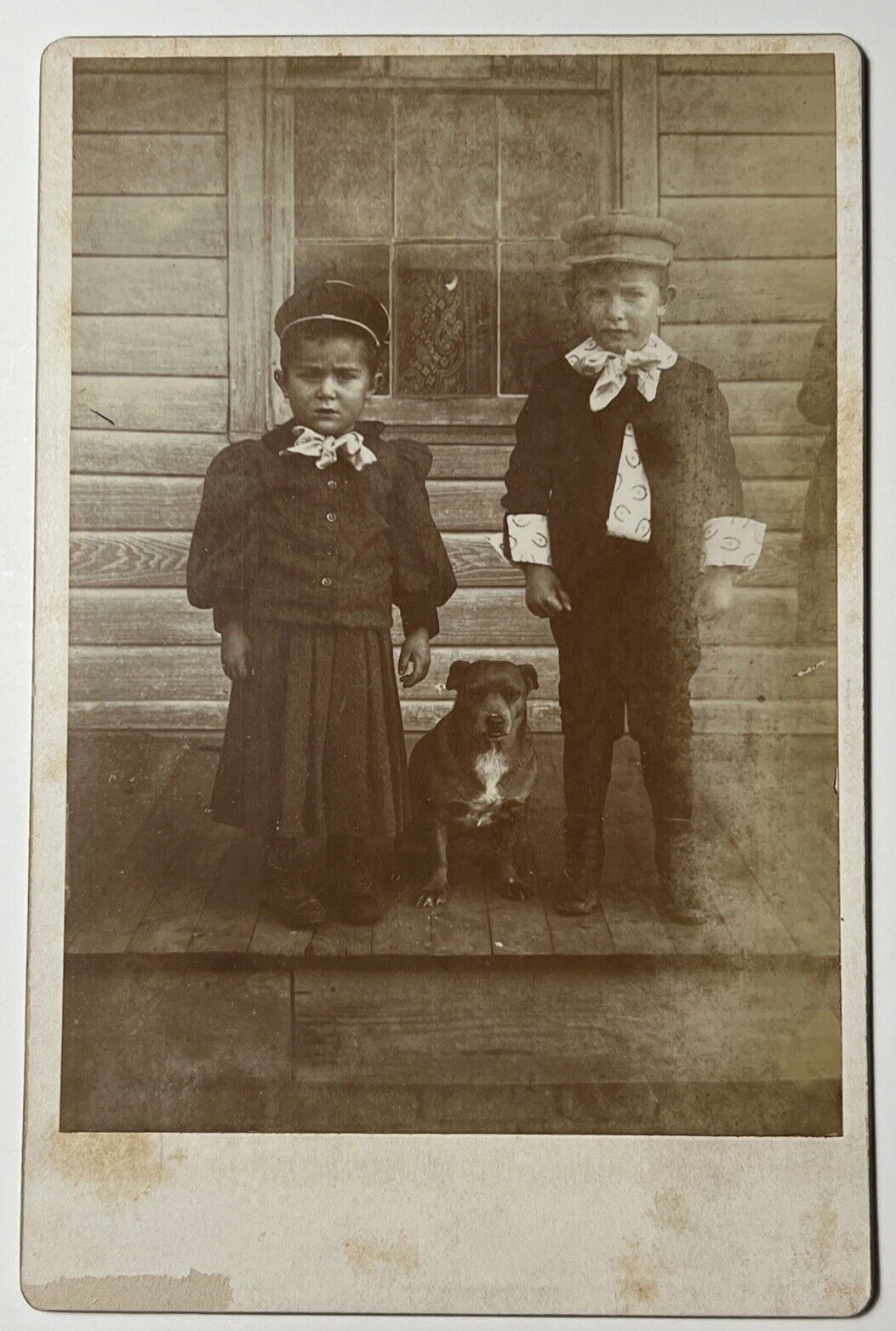 2 Victorian BOYS in Bows w PIT BULL DOG 1890s antique Cabinet Card Photo